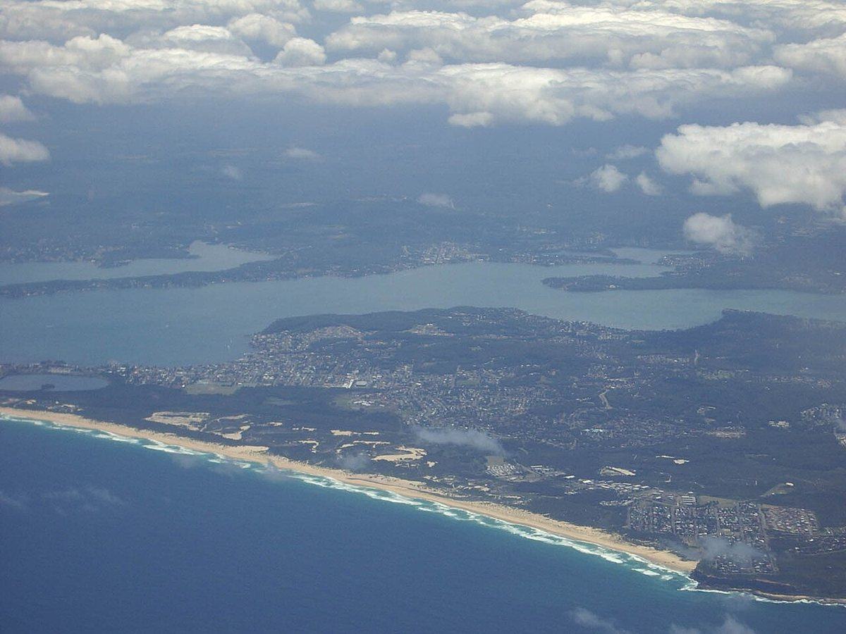 Aerial view of Lake Macquarie and the coastal strip running to Nine Mile Beach, New South Wales