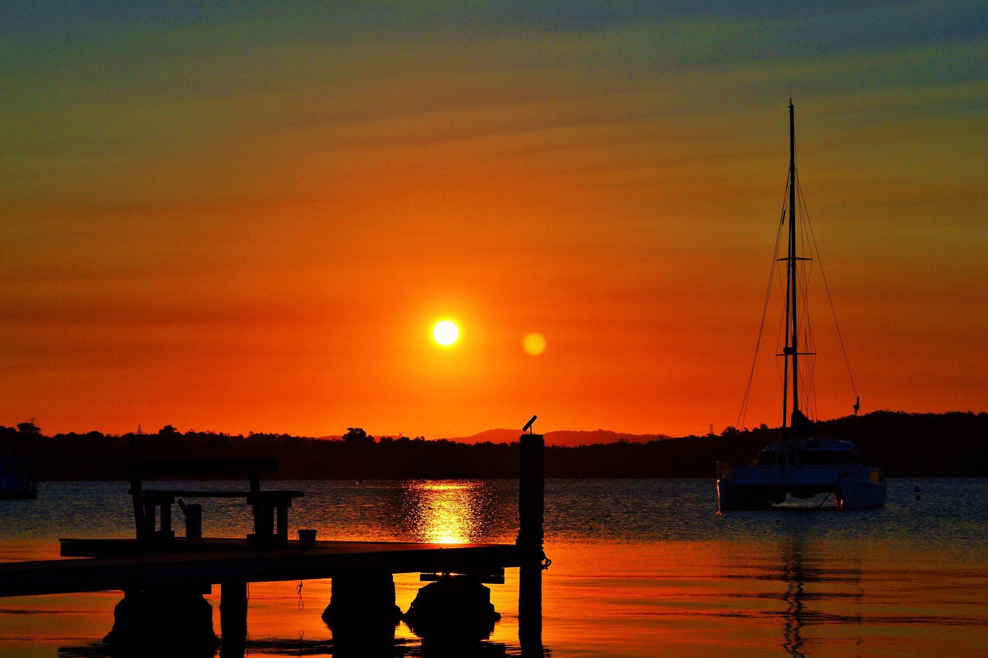 A yacht moored at sunset on Lake Macquarie, New South Wales